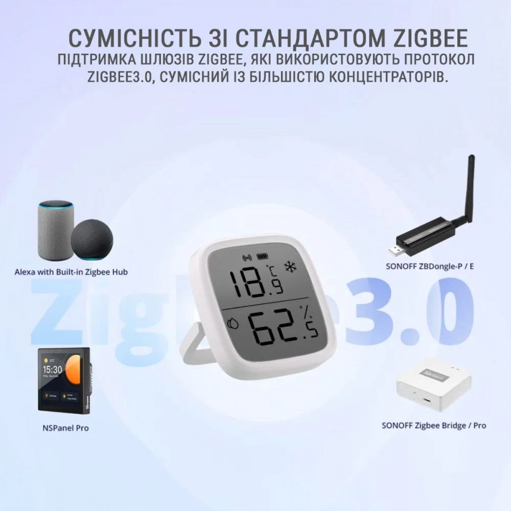 Датчик температури та вологості з дисплеєм Zigbee Sonoff SNZB-02D (WH00588) - фото 2 Датчик температури та вологості з дисплеєм Zigbee Sonoff SNZB-02D (WH00588) - фото 2