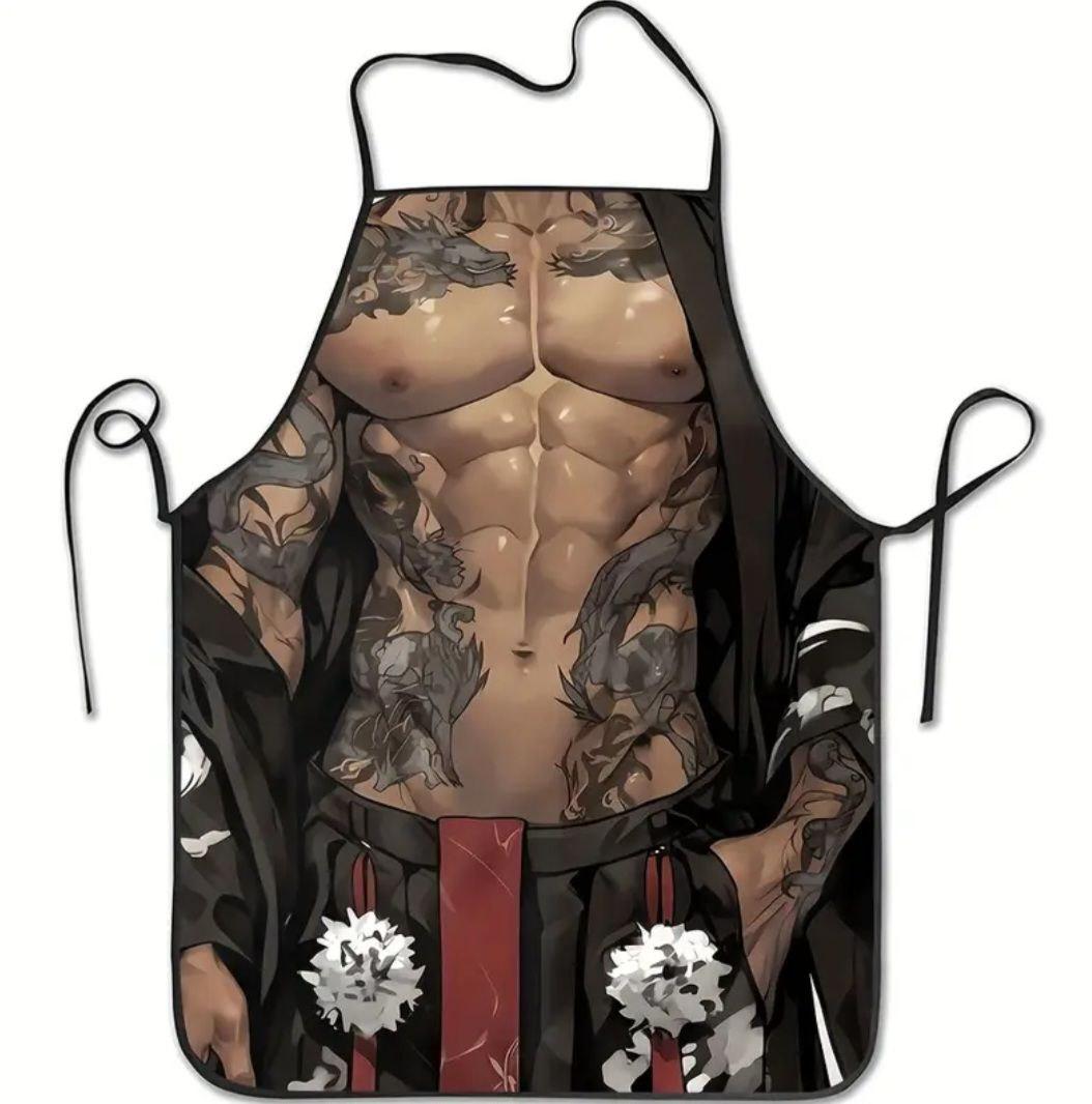 Фартук мужской прикольный Торс с тату 74x54 см Разноцветный (836594)