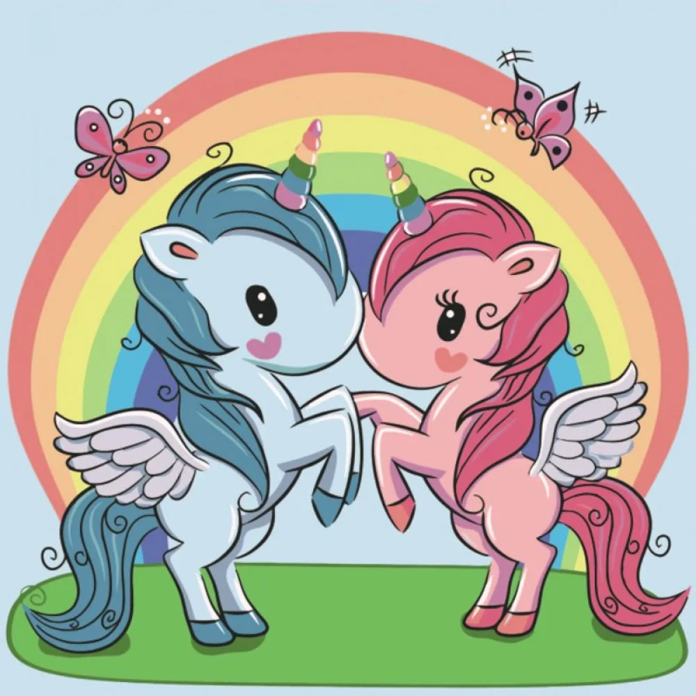 Картина по номерам Strateg Единорожки под радугой с лаком и уровнем 30x30 см (ES004)