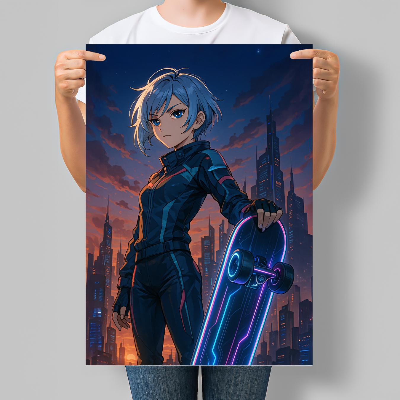 Постер в стилі аніме Скейтбордистка в неоновому місті 42x60 см A2 без рамки (ANIME106_A2)