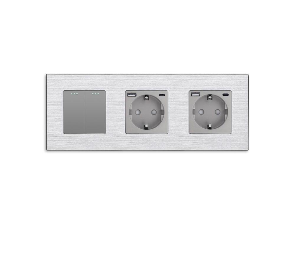Выключатель перекрестный WALLPAD 2-клавишный с двумя розетками USB A+C 20Вт с заземлением алюминий Серый