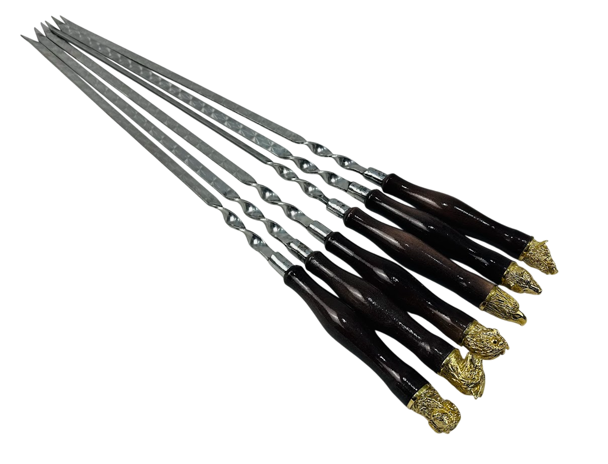 Набор шампуров Сафари из нержавеющей стали 3 мм с деревянными ручками декорированными латунными головами зверей 66 см 6 шт. Венге (124-10-SH-3124)