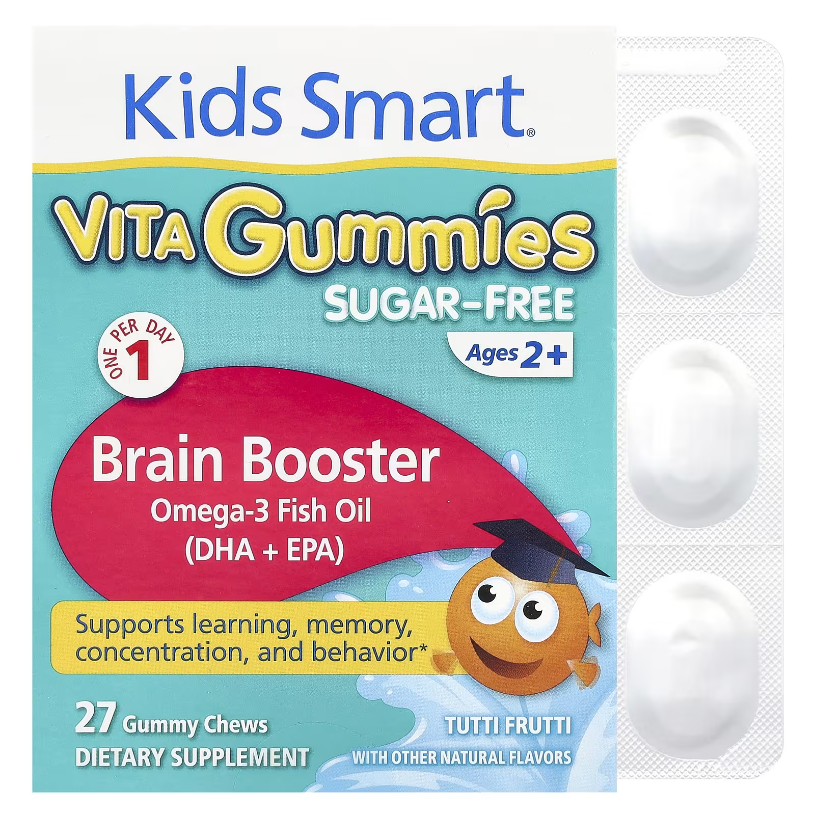 Таблетки жевательные Kids Smart Vita Gummies Brain Booster Tutti Frutti без сахара для детей от 2 лет Tutti Frutti 27 шт. (BGL-80581)
