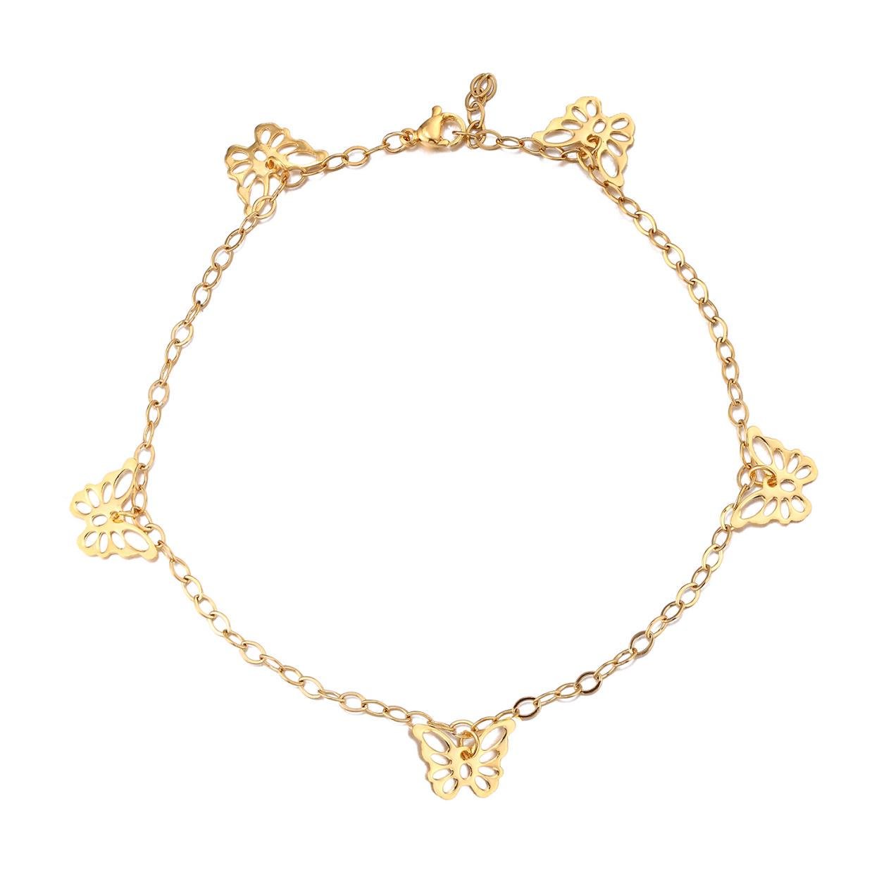 Браслет женский на ногу Бабочка с позолотой из медицинской стали регулируется (BA-038)