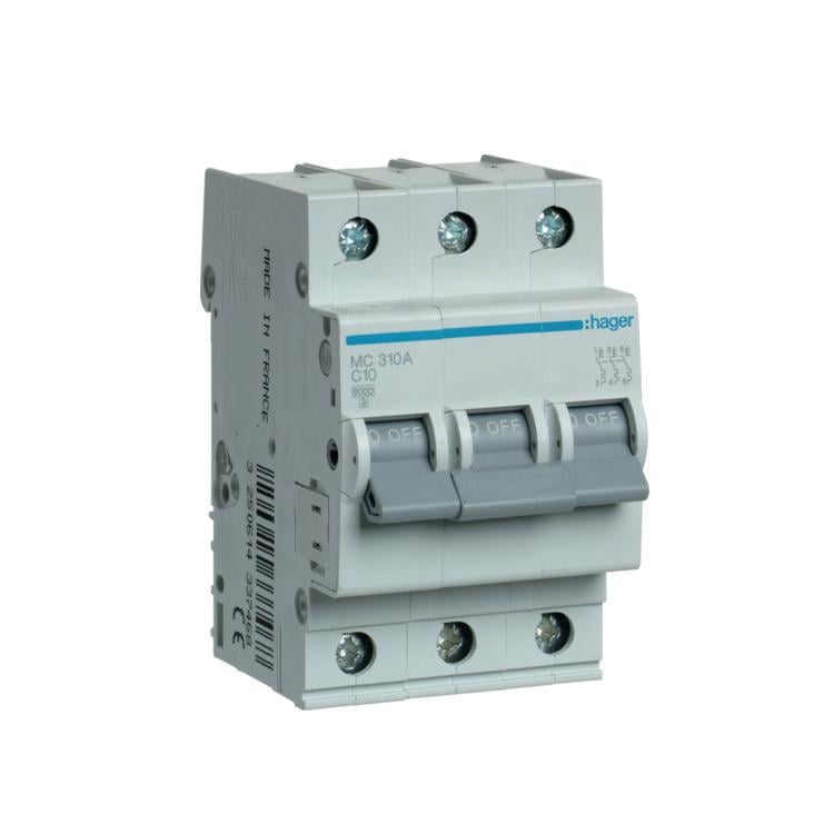 Автоматичний вимикач Hager In=10 А, 3P, С, 6 kA, 3м MC310A