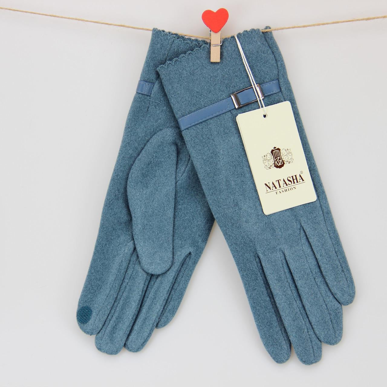 Перчатки женские сенсорные с мехом и декоративным ремешком S-M Бирюзовый (34030)