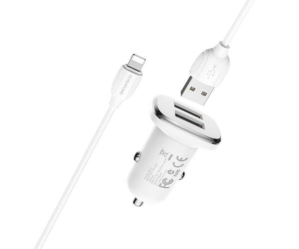 Зарядний пристрій автомобільний Borofone BZ12 2USB 2,4A кабель Lightning 2,4A White - фото 2 Зарядний пристрій автомобільний Borofone BZ12 2USB 2,4A кабель Lightning 2,4A White - фото 2