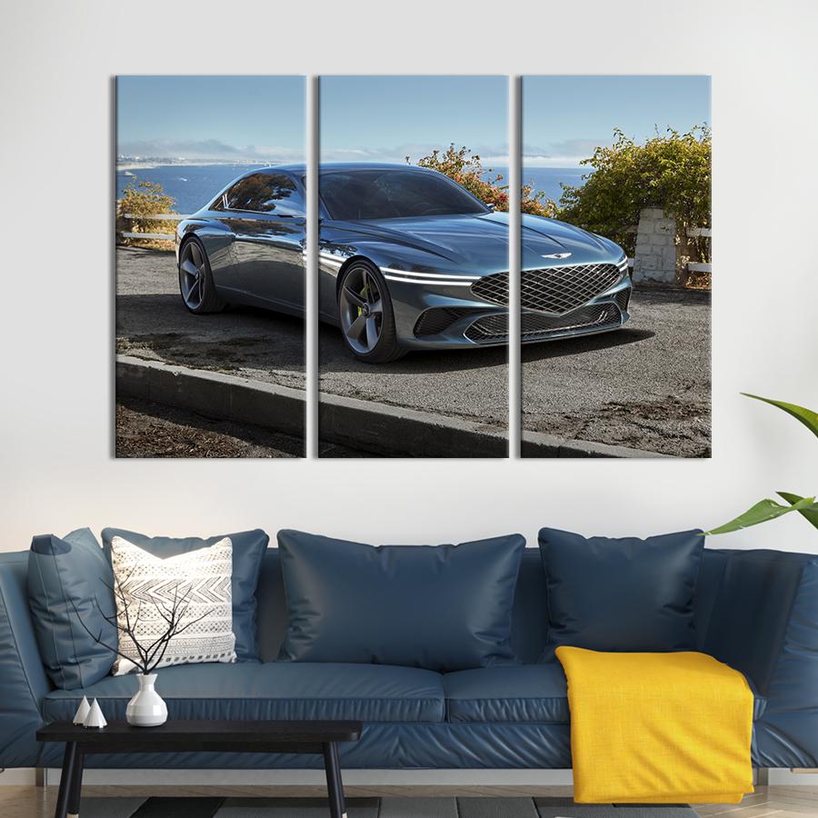 Картина на холсте триптих Автомобиль Genesis G80 на побережье 78x48 см (1327-31)