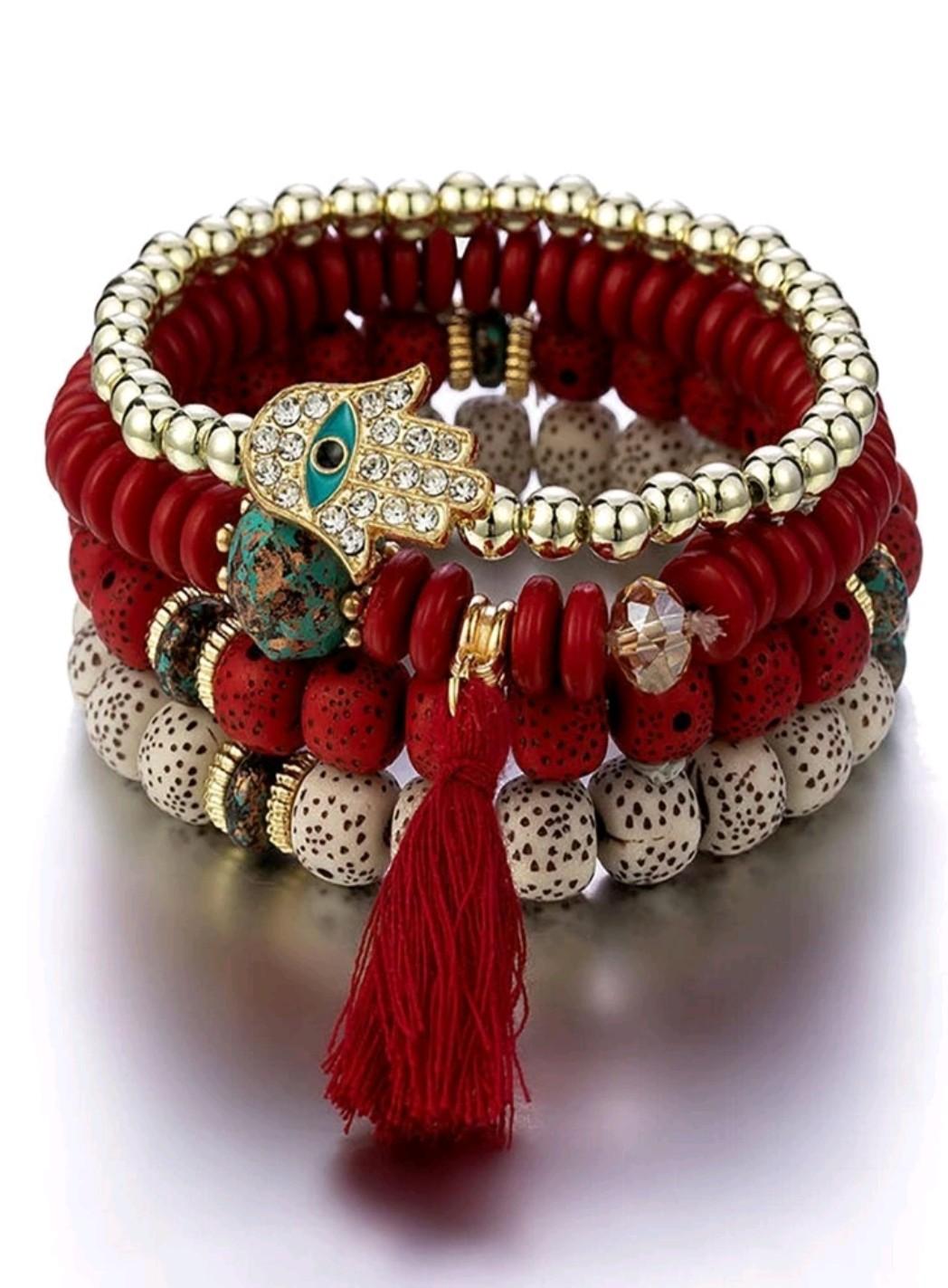 Браслет и амулет из бисера Bohemian Style Удачи 4в1 на резинке Красно-белый (27477097)
