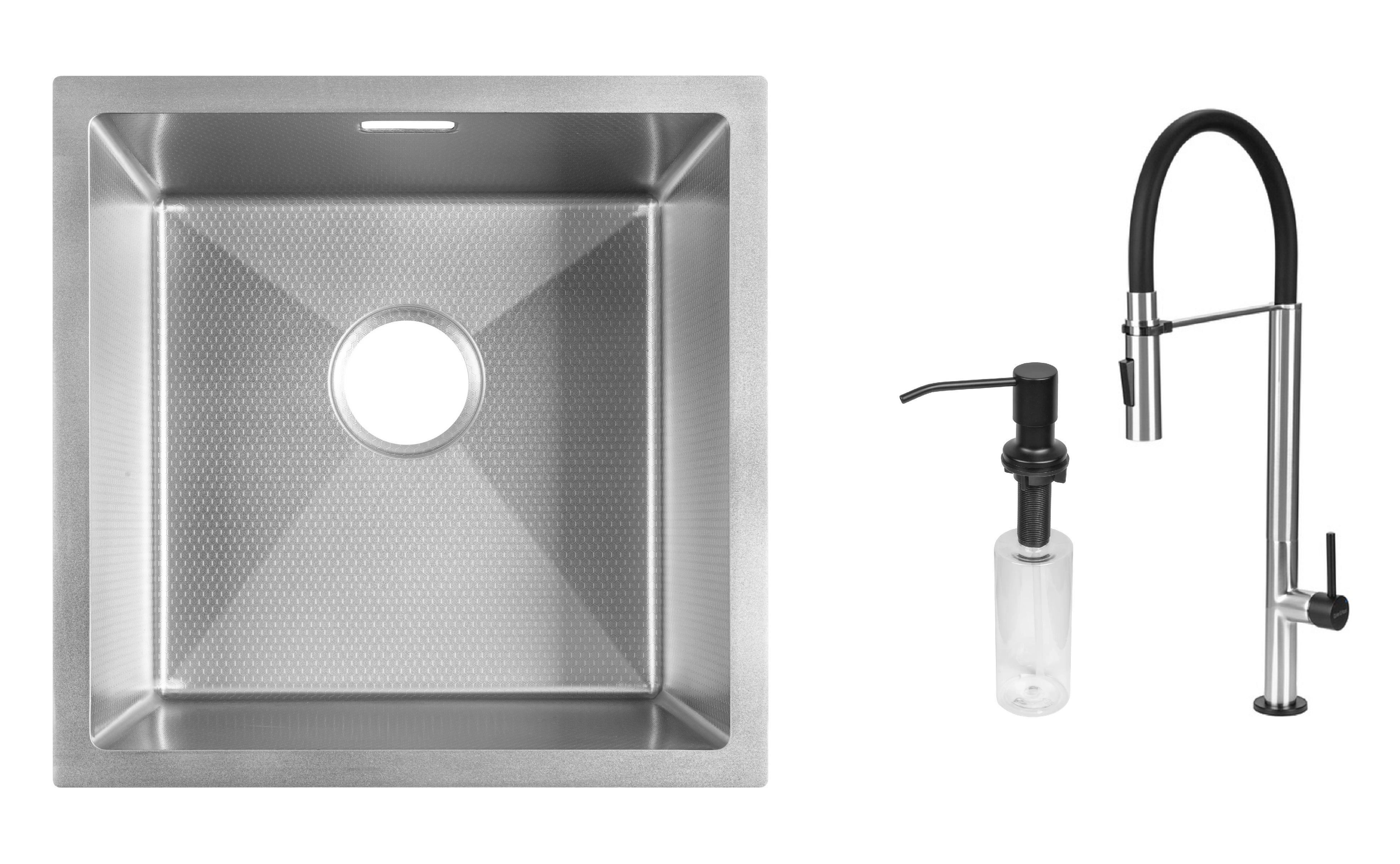 Комплект из кухонной мойки Gunter&Hauer Olef 4522 Inox Honey/смесителя STERN Brush Black и дозатора SOAP DISPENSER Black (71328)