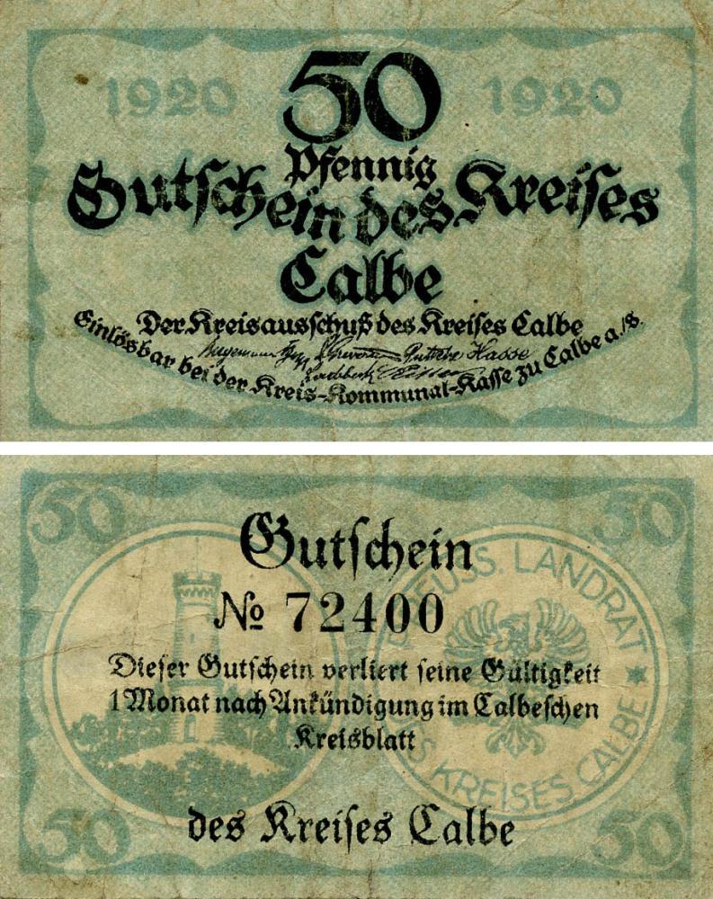 Коллекционная банкнота Германия Нотгельд 50 пфеннигов 1920 F-VF Кальбе (Б18719)
