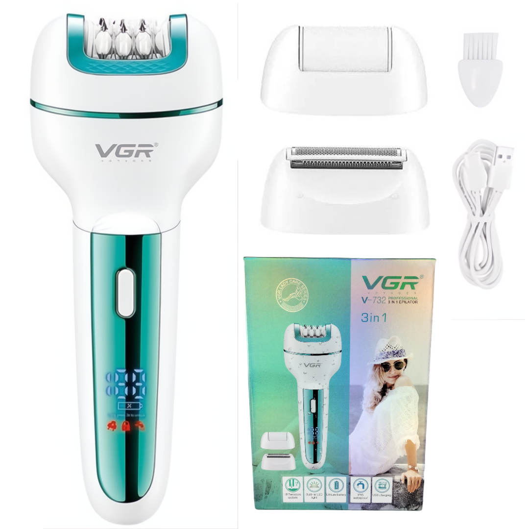 Епілятор жіночий VGR бездротовий/волога епіляція з 3 насадками 5 Вт Бірюзовий (28730990)