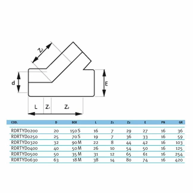 Тройник Effast Rd RTYd 0630 клеевой ПВХ 45° d 63 мм - фото 3