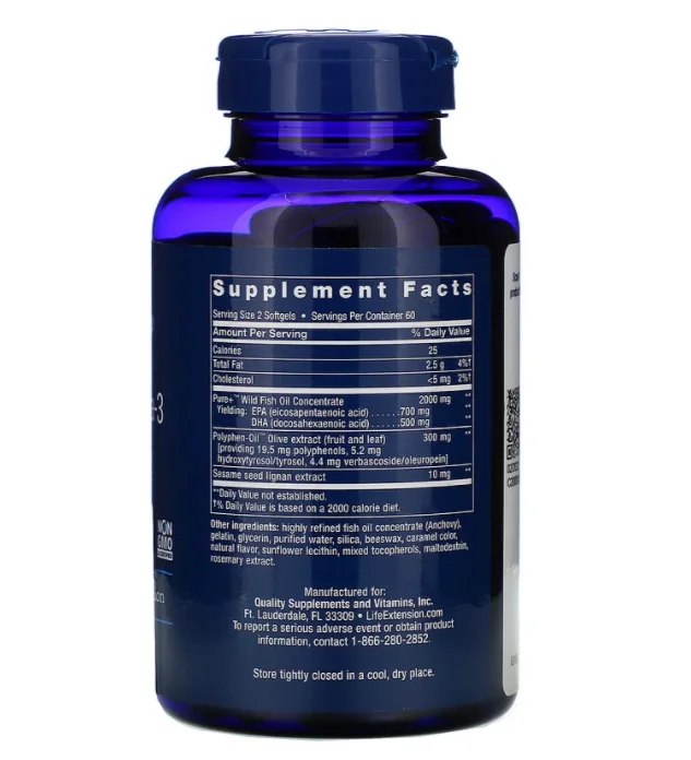 Омега-3 Life Extension з риб'ячого жиру з ЕПК та ДГК з лігнанами кунжуту та екстрактом оливи 120 капсул - фото 2 Омега-3 Life Extension з риб'ячого жиру з ЕПК та ДГК з лігнанами кунжуту та екстрактом оливи 120 капсул - фото 2