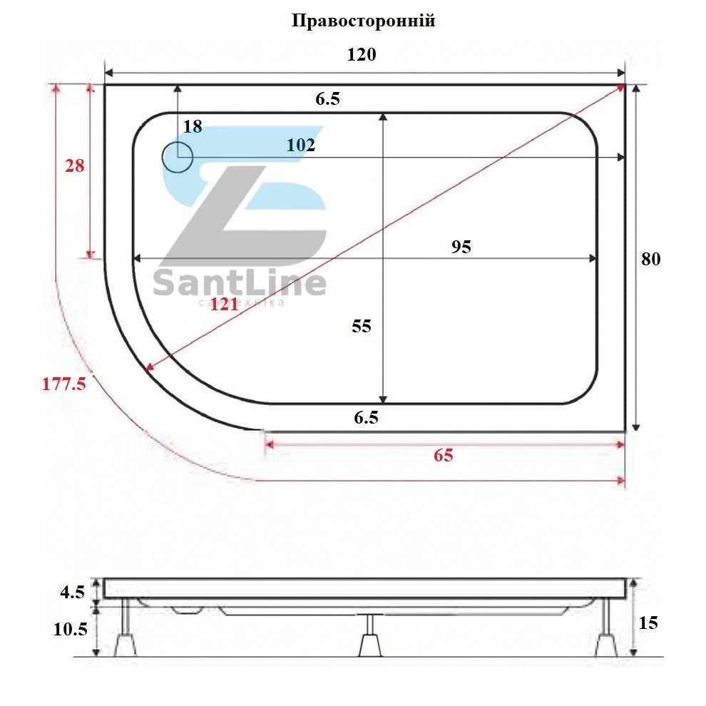 Душовий піддон Shower Tundra асиметричний низький правосторонній акриловий з панеллю каркасом та ніжками 80x120x15 см (13719105) - фото 2
