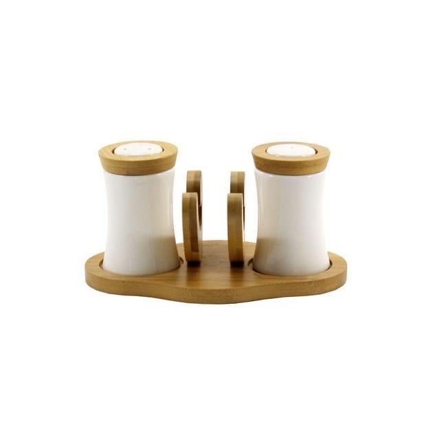 Набор для специй фарфоровый Interos солонка/перечница на бамбуковой подставке (PJ01823)