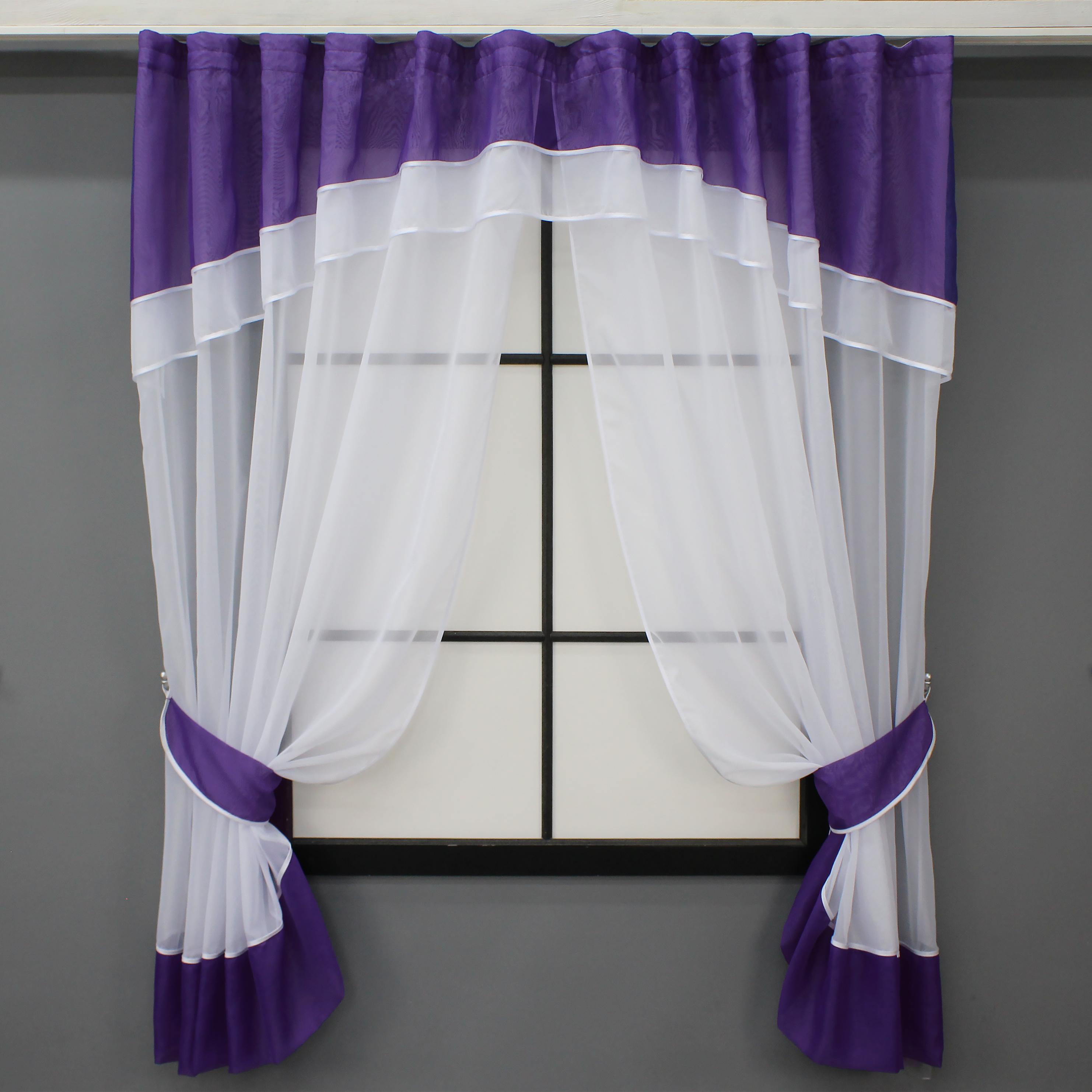 Шторы кухонные VR-Textil № 085к с ламбрекеном и подхватами 270х170 см Белый/Фиолетовый (52-0949)