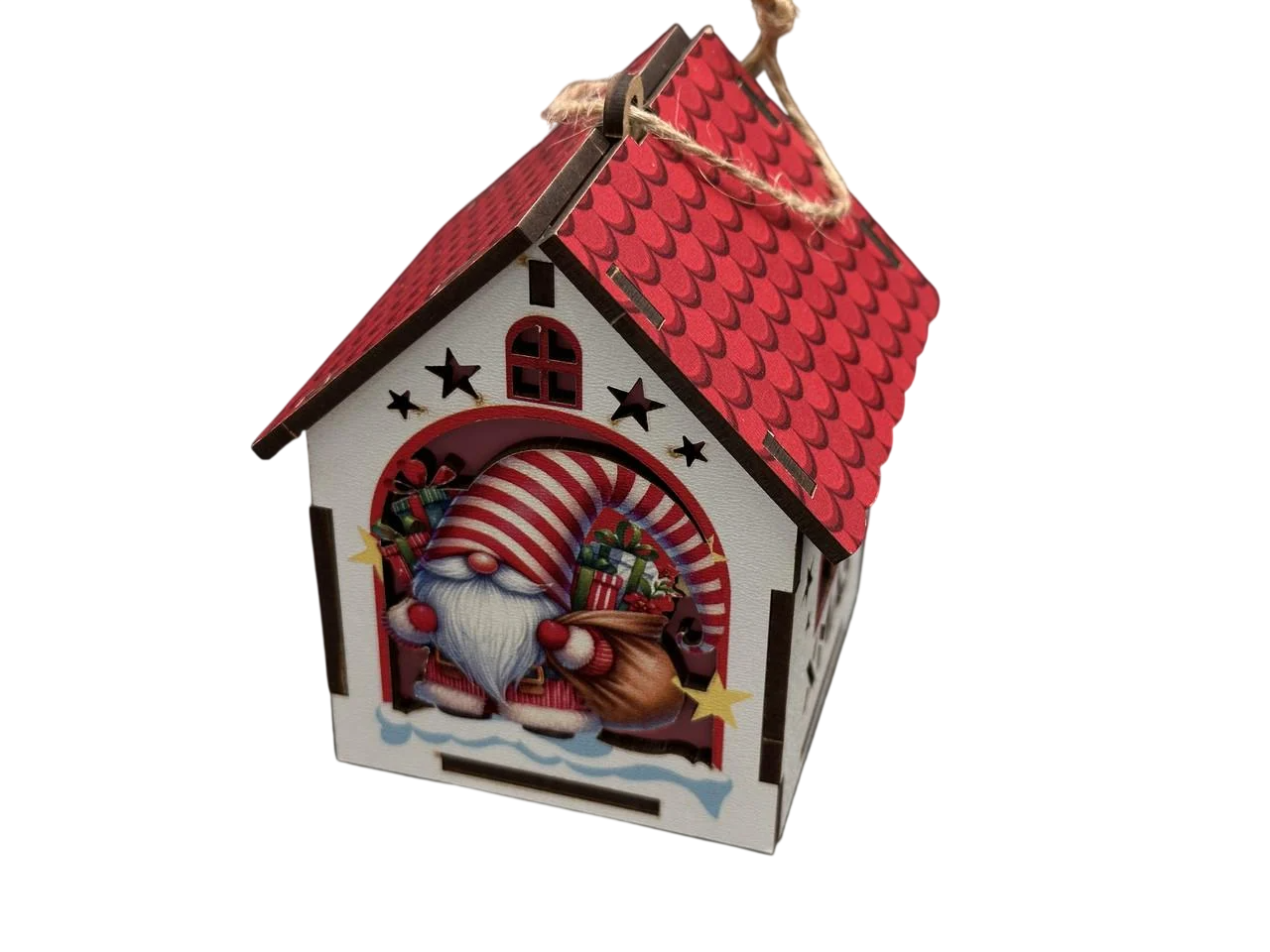 Іграшка ялинкова новорічна Будиночок із підсвічуванням із фанери 100х75х55 мм Червоний із білим (NR-117)