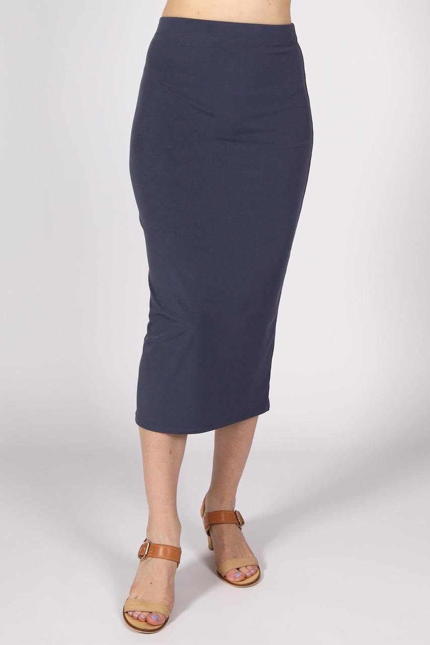 Юбка меди трикотажная женская с разрезом сзади однотонная р. 50 Графитовый (2495108754) - фото 1