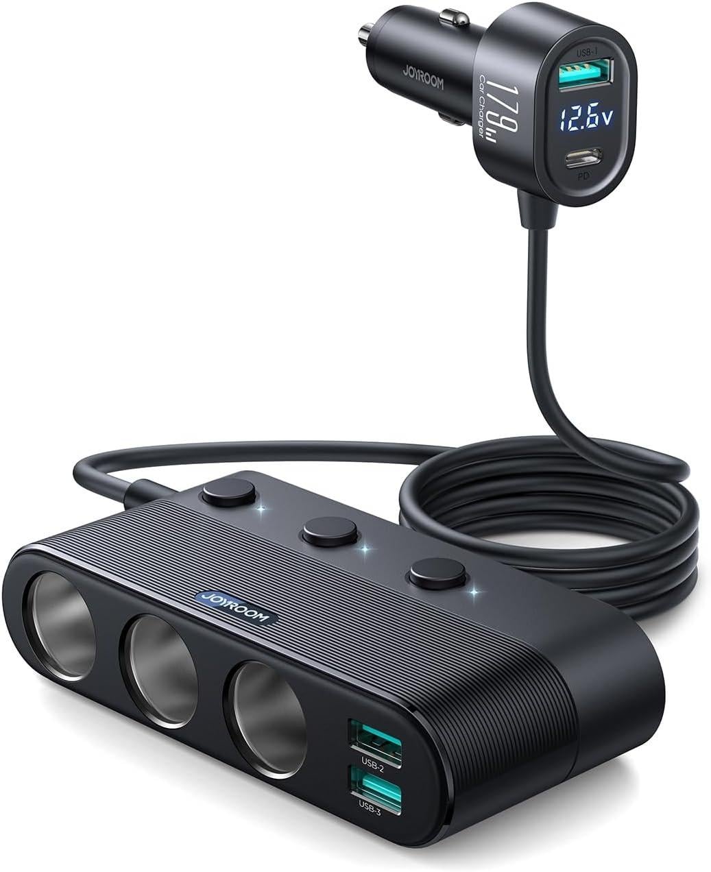 Разветвитель прикуривателя Joyroom 179W с USB-C PD 30W + 3 USB-A и кабелем 1 м (2762699003)