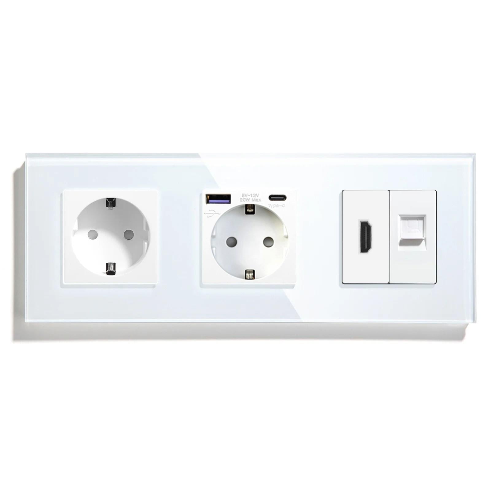 Розетка LUXION с USB 20Вт HDMI/интернет RJ-45 с заземлением/шторками 250В 16А стеклянная рамка Белый (LX-M3FGACHDMICAT6-WT)