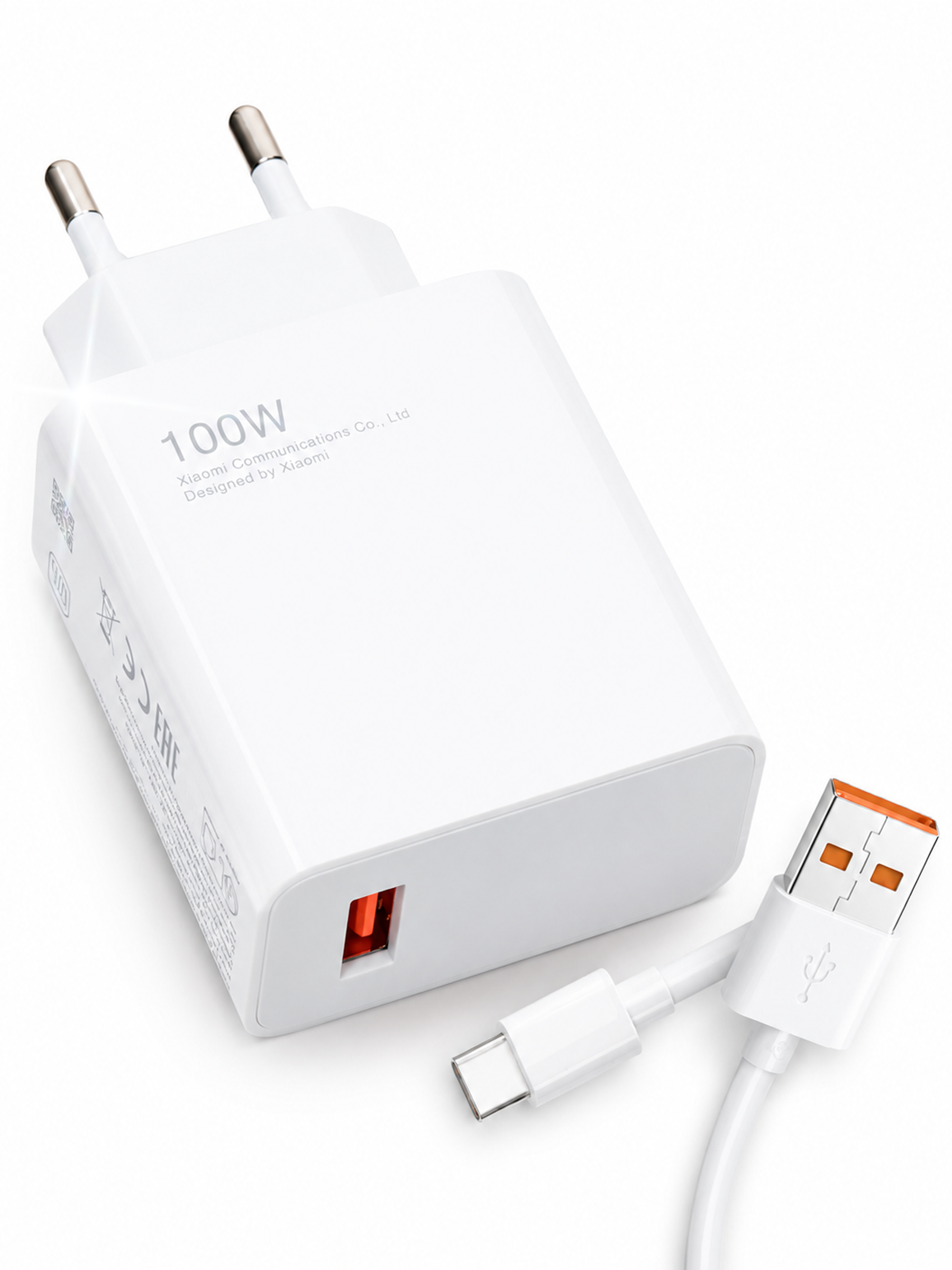 Зарядное устройство для телефона сетевое с быстрой зарядкой 100W USB Type-C адаптер с кабелем 1 м White (618933161)