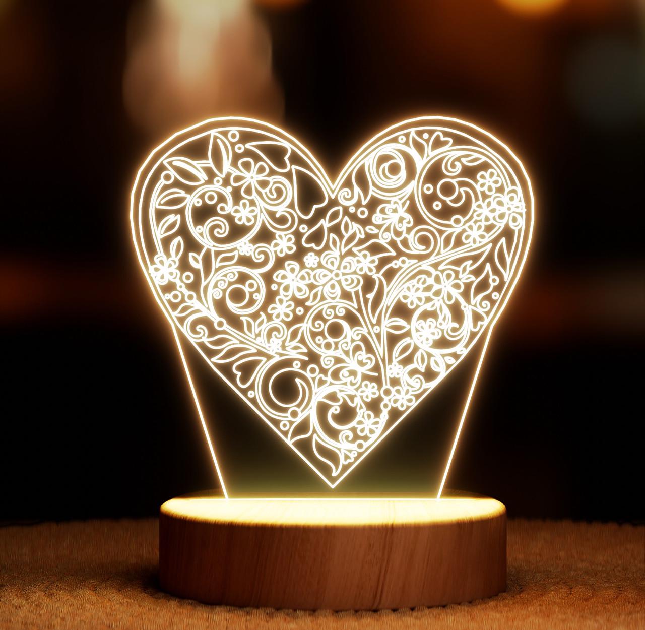 Ночник-светильник Lampic Сердце с узорами USB дерево/акрил 15х20 см Желтый (32377418)