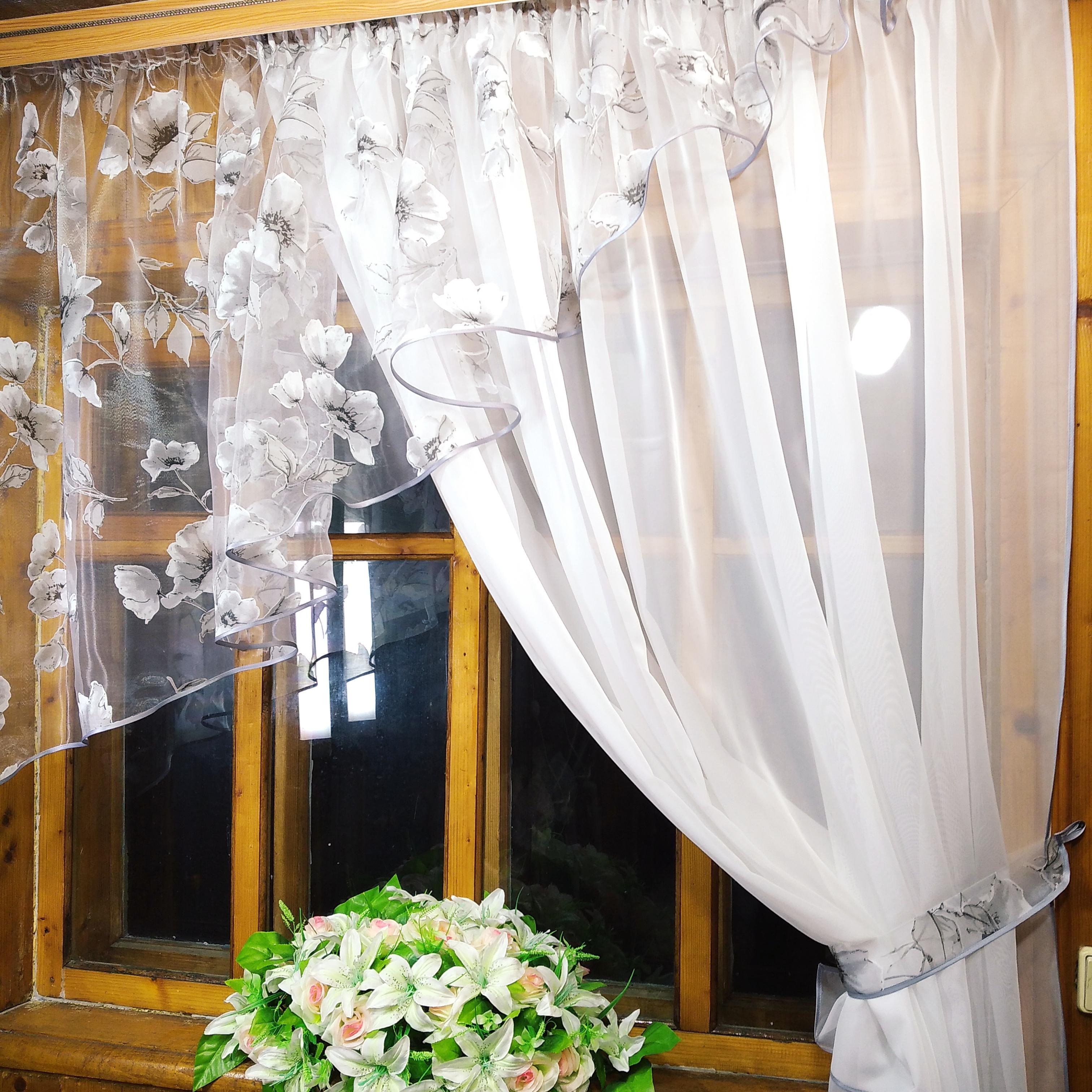 Занавеска кухонная готовая Анжелика Маки правая Белый/Серый - фото 4