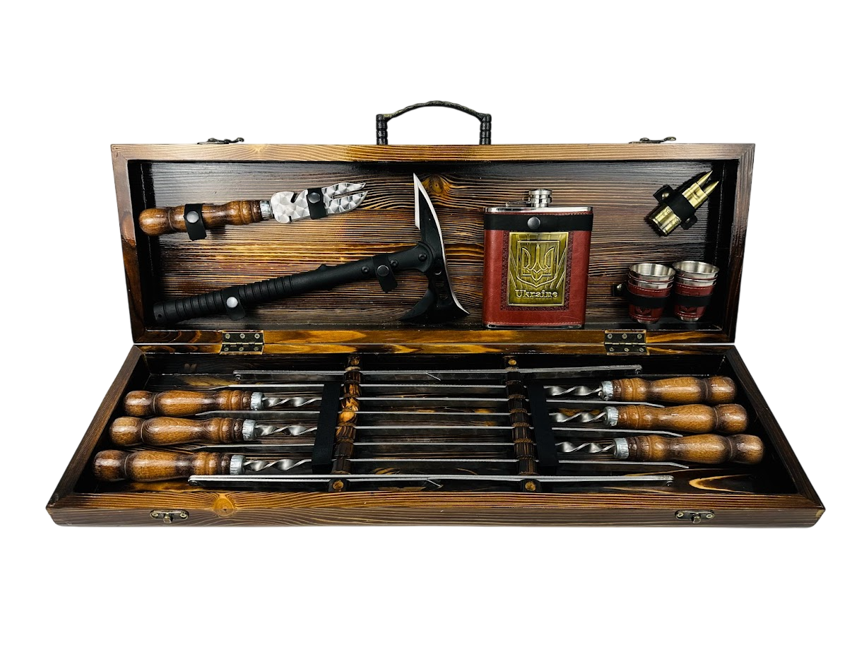 Набор шампуров ручной работы Викинг с аксессуарами 15 предметов в кейсе 75х24х10 см Коричневый (124-10-KS-7902)