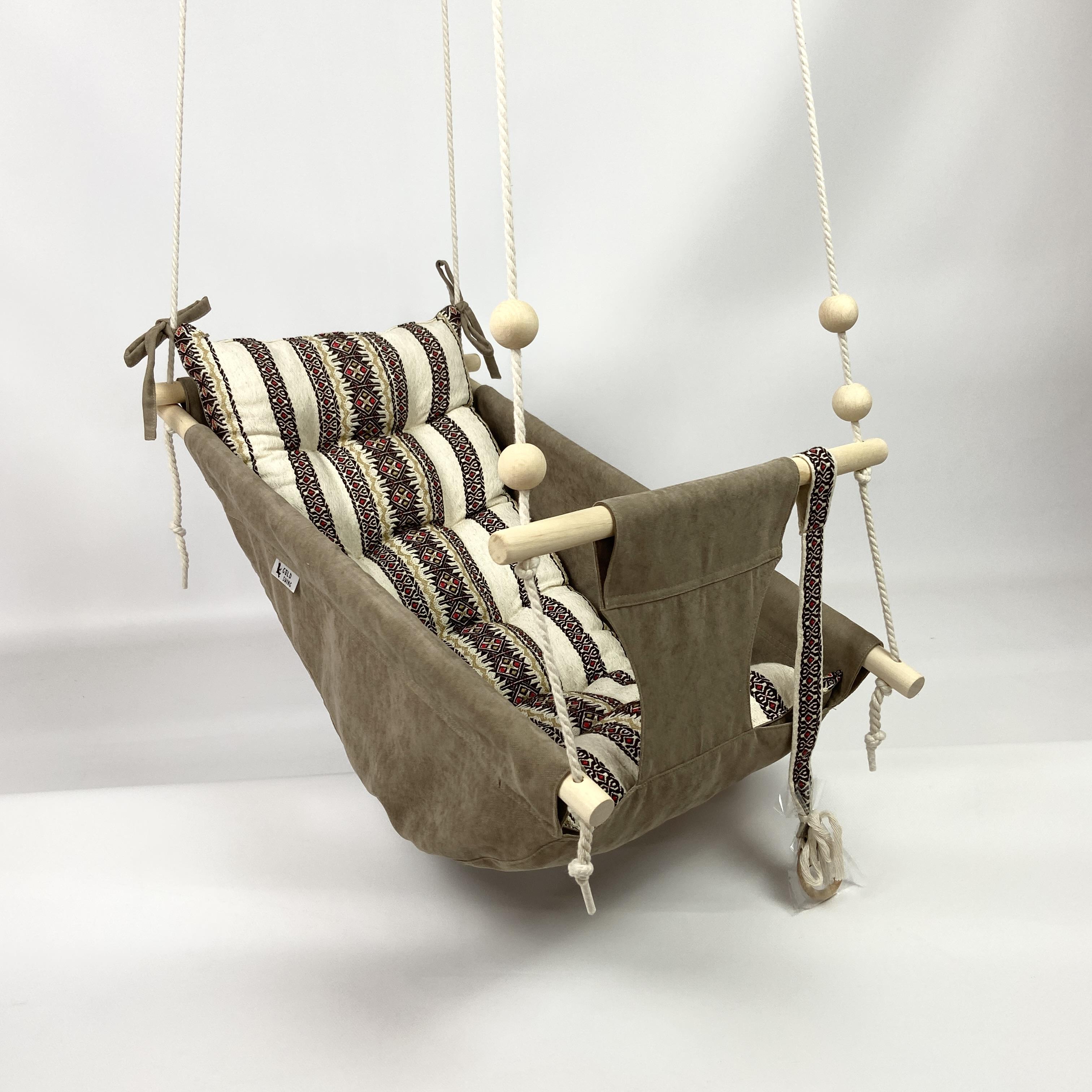Подвесные детские качели Колыханка вышиванка из микровелюра Бежевый (gs-8808)