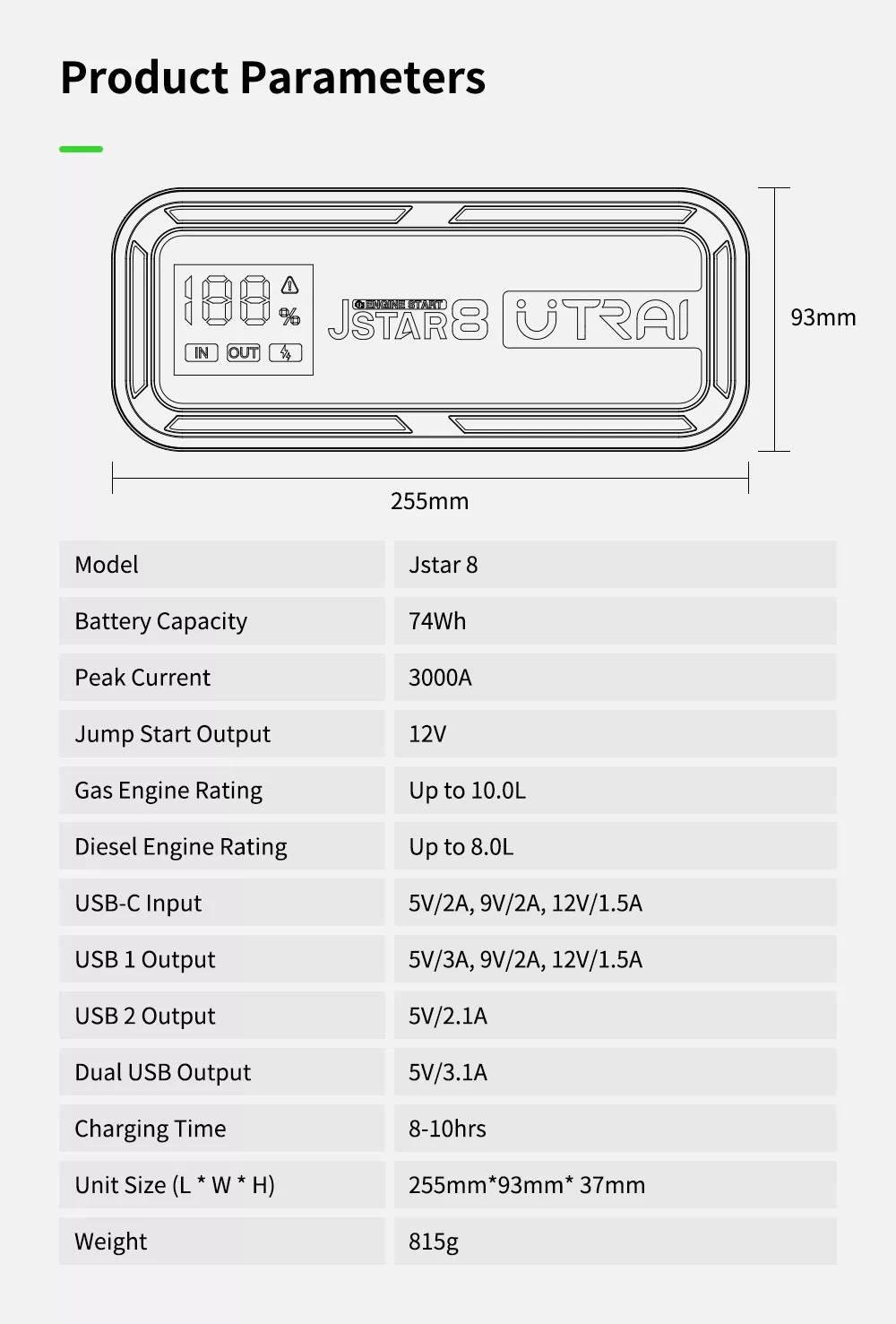 Пусковий пристрій UTRAI JStar 8 3000А 12В 20000 мАг (1124) - фото 8