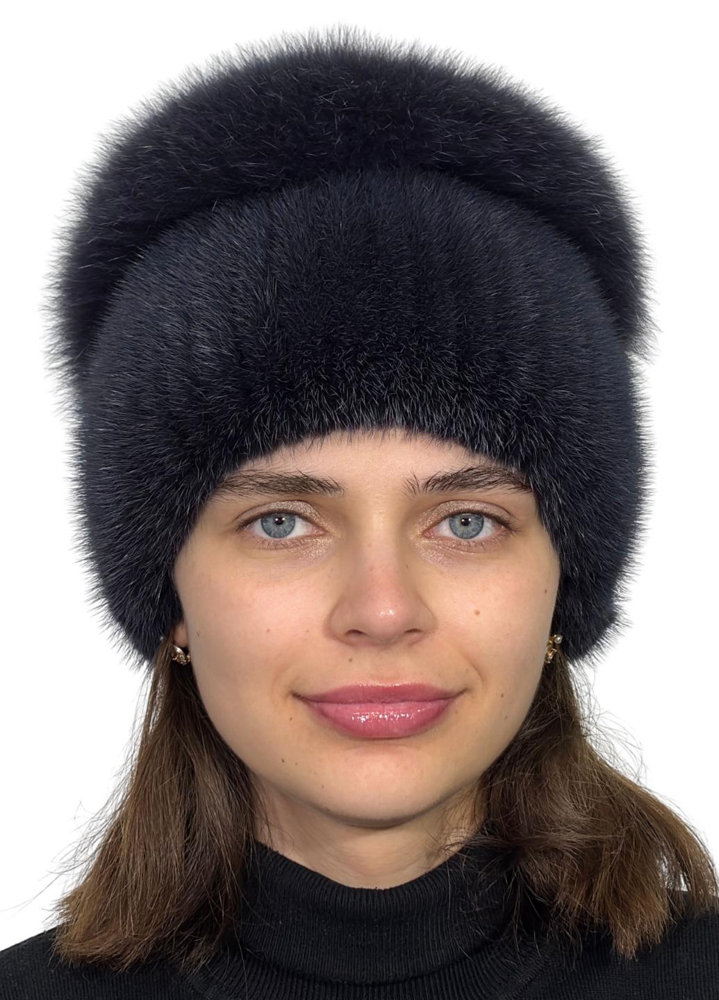Женская вязаная норковая шапка Меховой стиль Водопад с помпоном натуральный мех XL-XXL Синий (121/D)