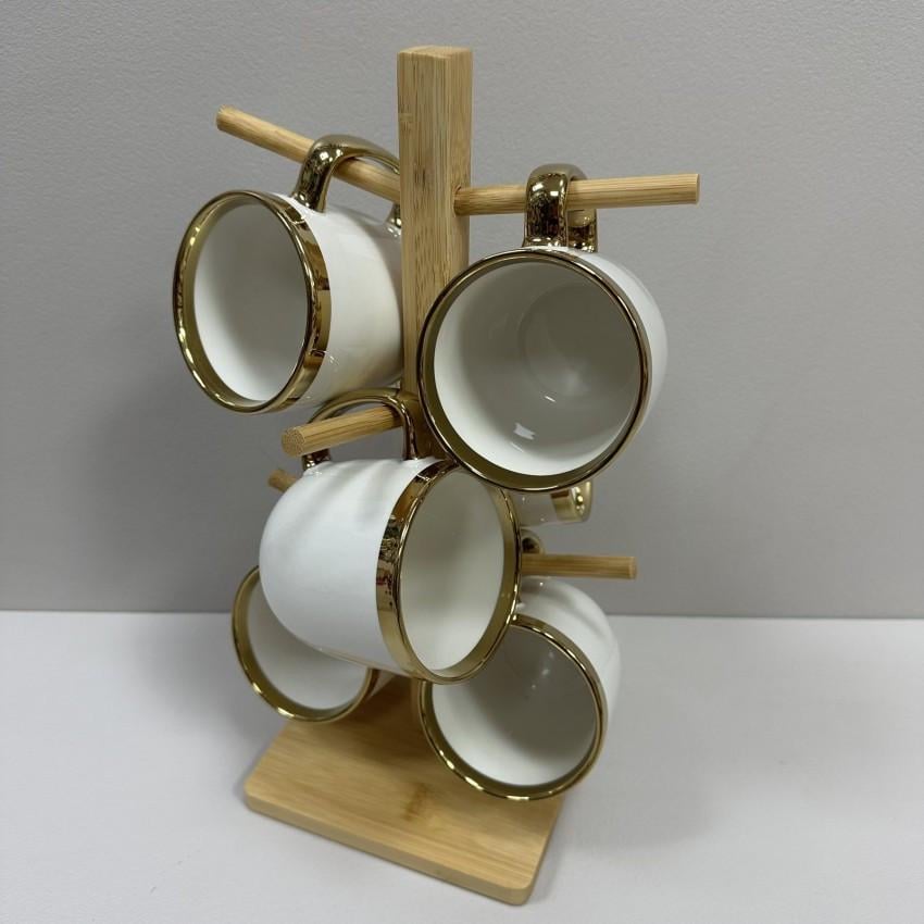 Набір порцелянових чашок на бамбуковій підставці Bona Di 905-221 Золота лінія 320 мл 6 шт. Білий - фото 4