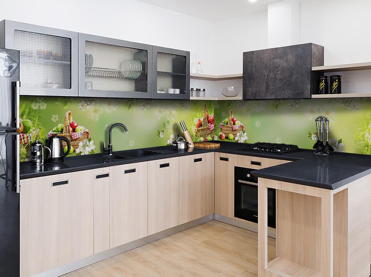 Кухонный фартук Корзина с яблоками из самоклеющейся виниловой пленки 60х250 см Зеленый