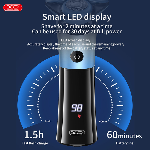 Електробритва Xo CF32 для голення портативна аккумуляторна IPX6 600 mAh LED-дисплей Синій (CF32) - фото 8
