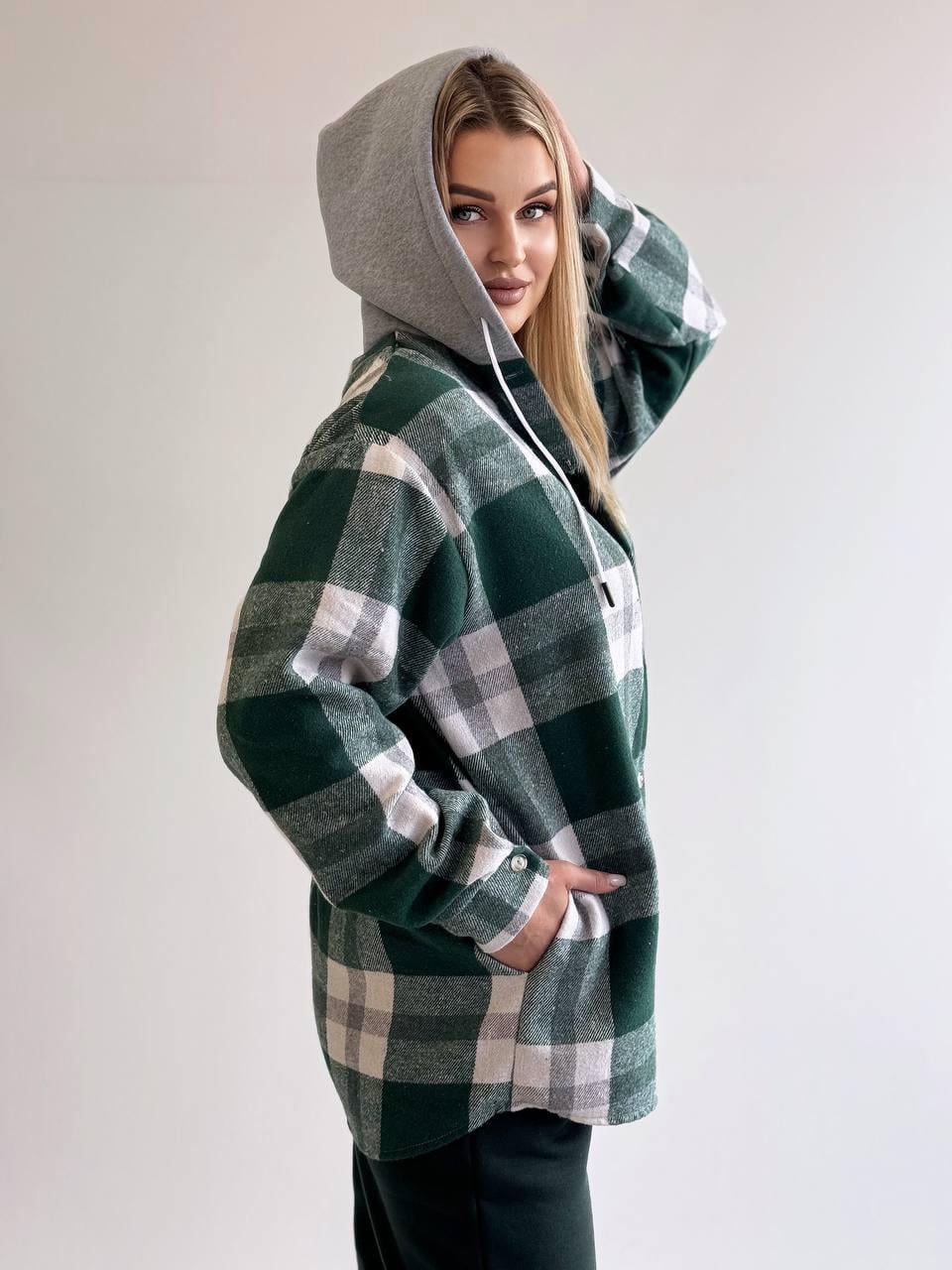 Сорочка в клітинку жіноча тепла з капюшоном oversize (SKLY003)