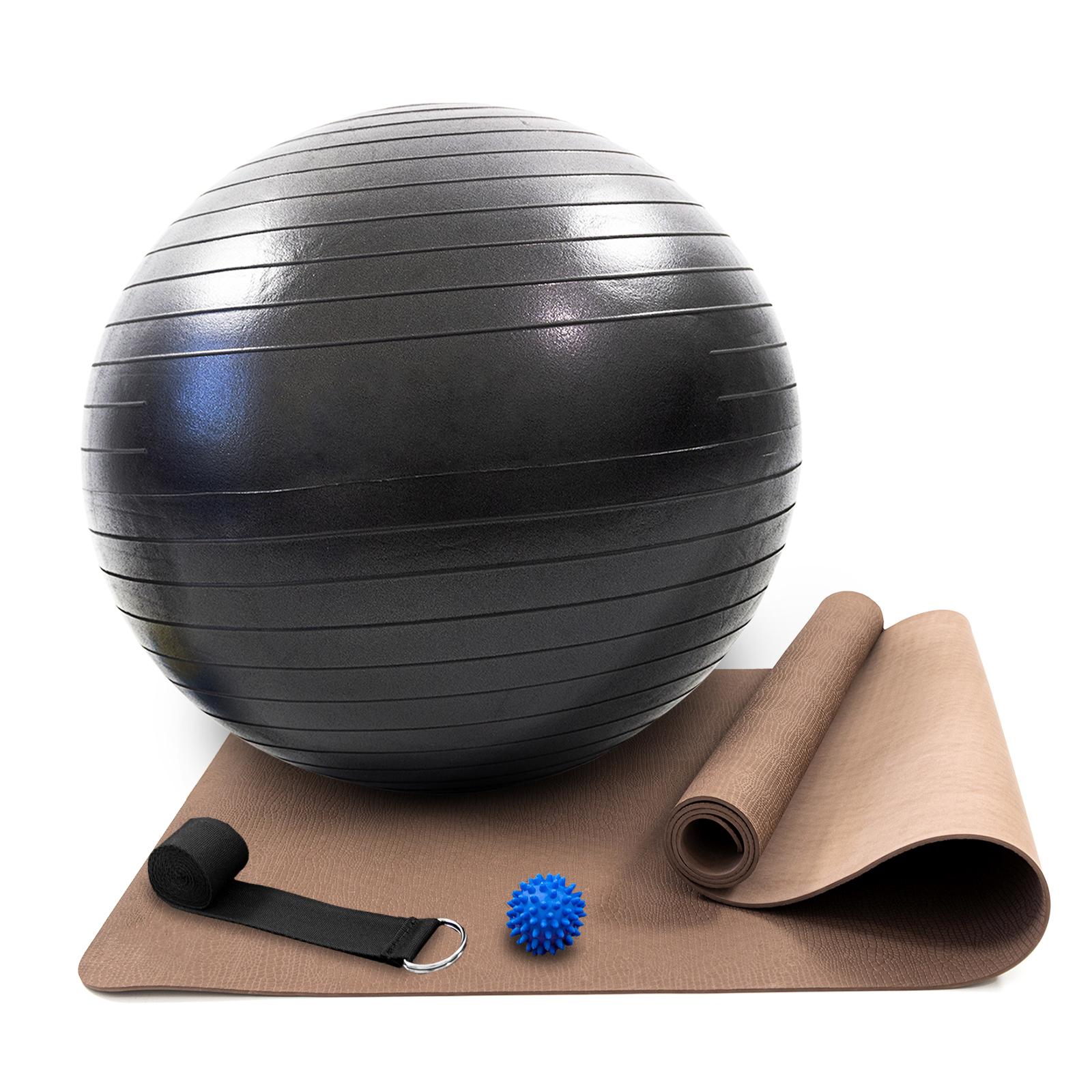 Коврик для йоги и фитнеса OSPORT Set 100 с карематом/фитболом 75 см/массажным мячиком и ремешком для йоги Коричнево-черный (n-0130)