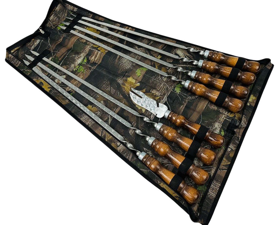 Набор шампуров комбинированный Кизляр 8 предметов для пикника с вилкой-ножом из нержавеющей стали в чехле 63 см Коричневый (124-10-NB-2272)