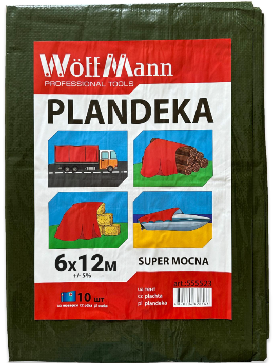Тент WoffMann водостойкий PLANDEKA SUPER MOCNA плотность 110 г/м² 6х12 м Зеленый