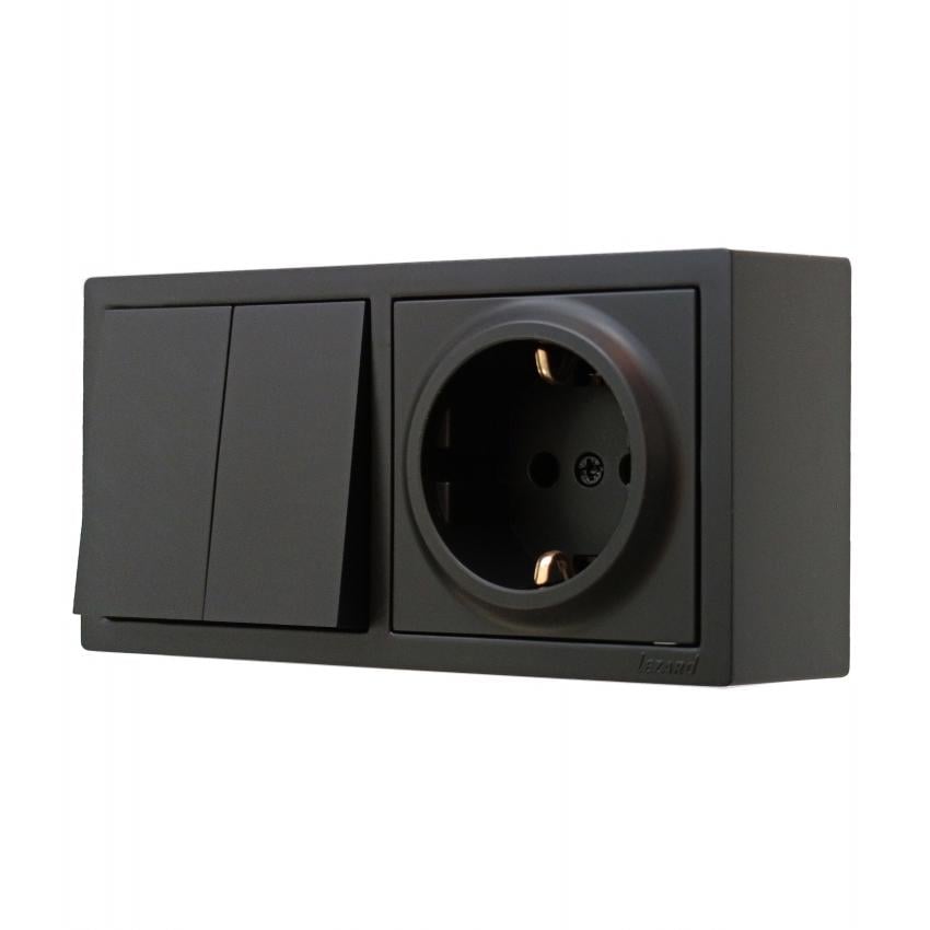 Вимикач двоклавішний Lezard Leto та розетка одинарна з заземленням Антрацит (752-4200-170BVP)