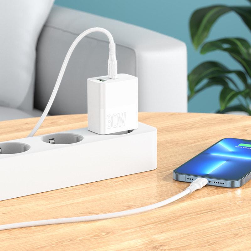 Пристрій зарядний Borofone BA75A 30W USB-A/USB-C/кабель Type-C - Lightning 1 м White (36672) - фото 7 Пристрій зарядний Borofone BA75A 30W USB-A/USB-C/кабель Type-C - Lightning 1 м White (36672) - фото 7