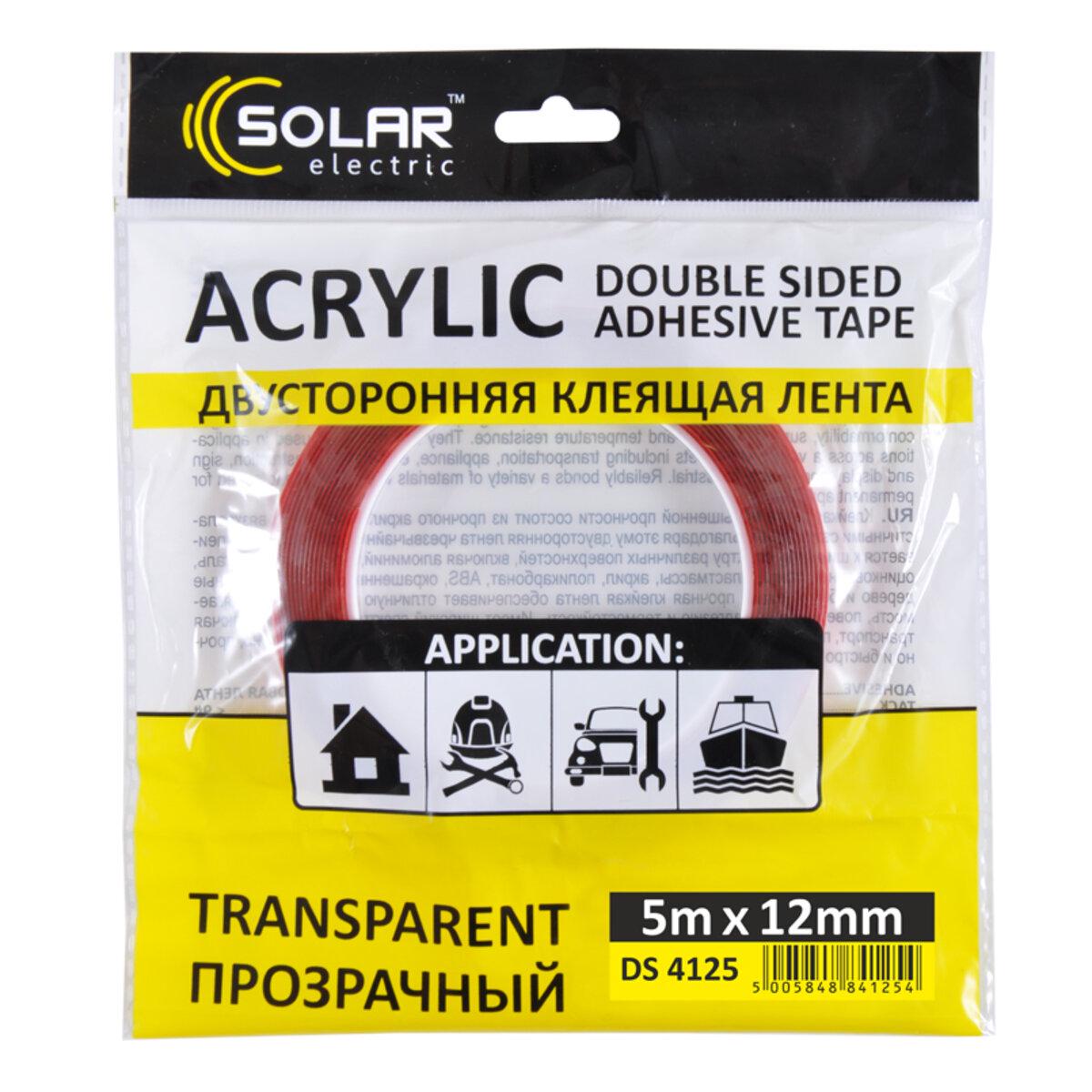 Лента клейкая двусторонняя Solar Acrylic Vhb прозрачная 12 мм x 5 м
