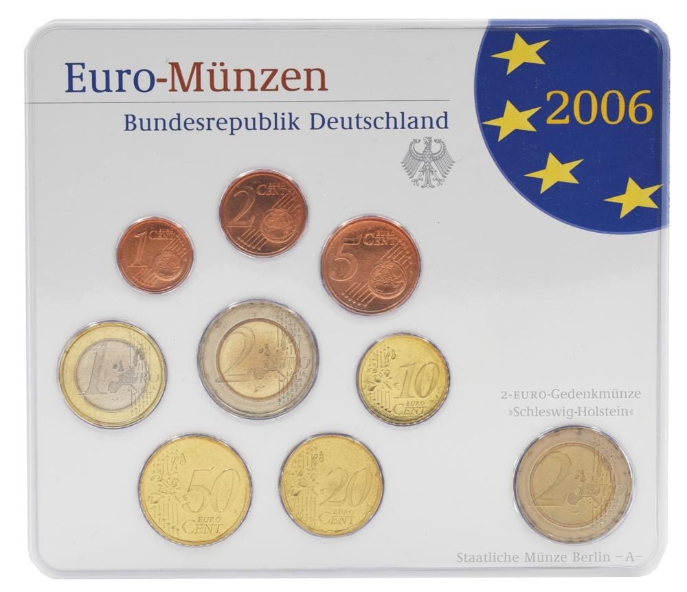 Коллекционные монеты Германия набор из 9 монет евро 2006 UNC A 1/2/5/10/20/50 евроцентов 1/2 евро/памятная 2 евро Блистер (М23499)