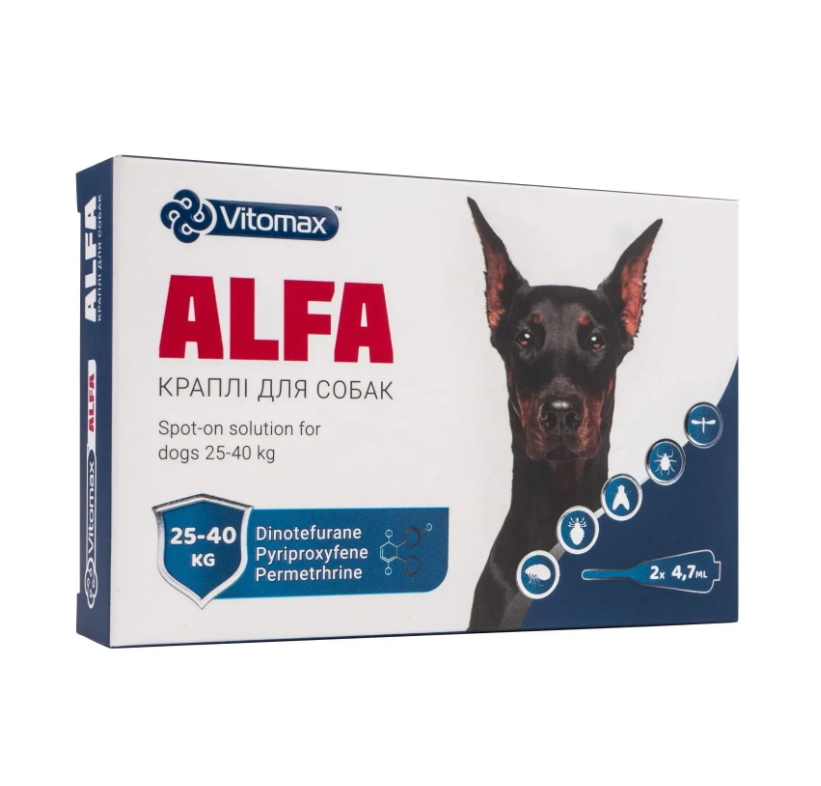 Краплі Альфа Vitomax проти бліх та кліщів для собак 25-40 кг 4,7 мл 2 піпетки