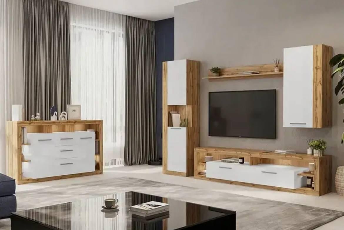 Стенка в гостинную Джерси 5 модулей Сокме 4020х434х1867 мм Дуб вотан/Белый глянец