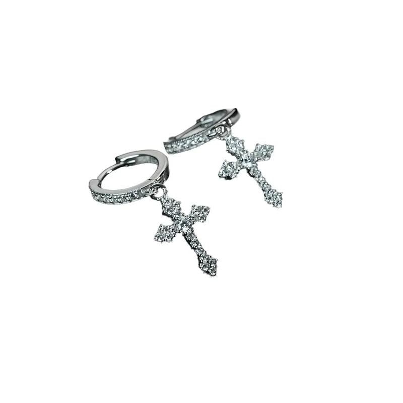 Серьги конго с подвеской крестик со стразами 2 шт. Серебристый (2743174736)