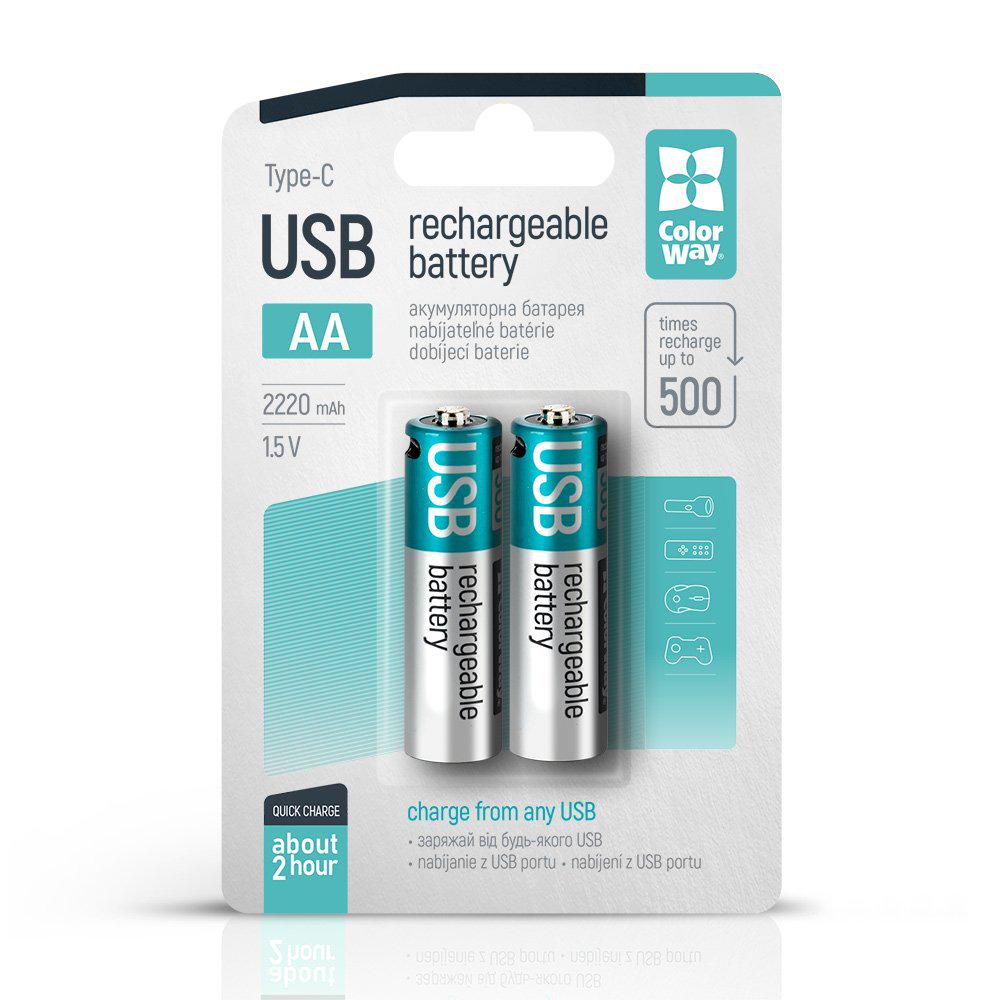 Батарея аккумуляторная ColorWay AA USB-С Li-Polymer 2pc 1,5 В 2200 мАч 2 шт. (CW-UBAA-10)