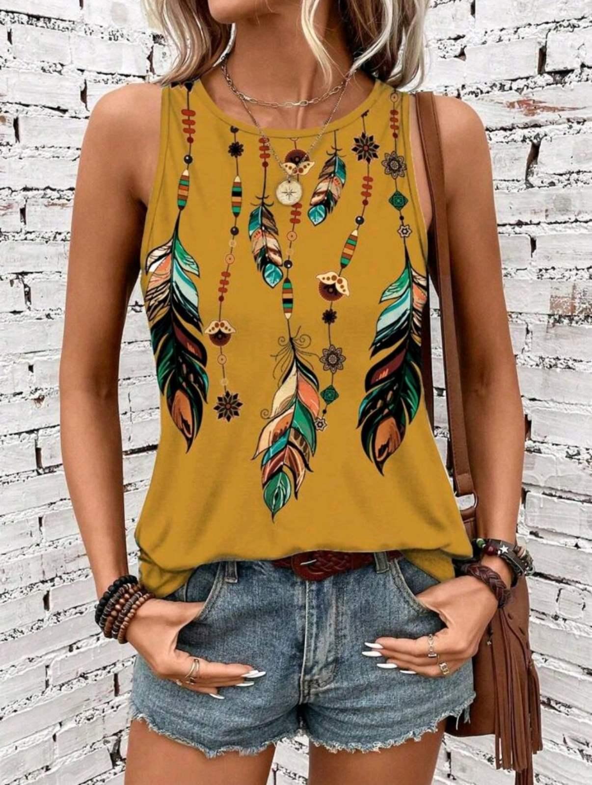 Майка женская Feathers с перьями M/L Горчичный/Разноцветный (27303986)