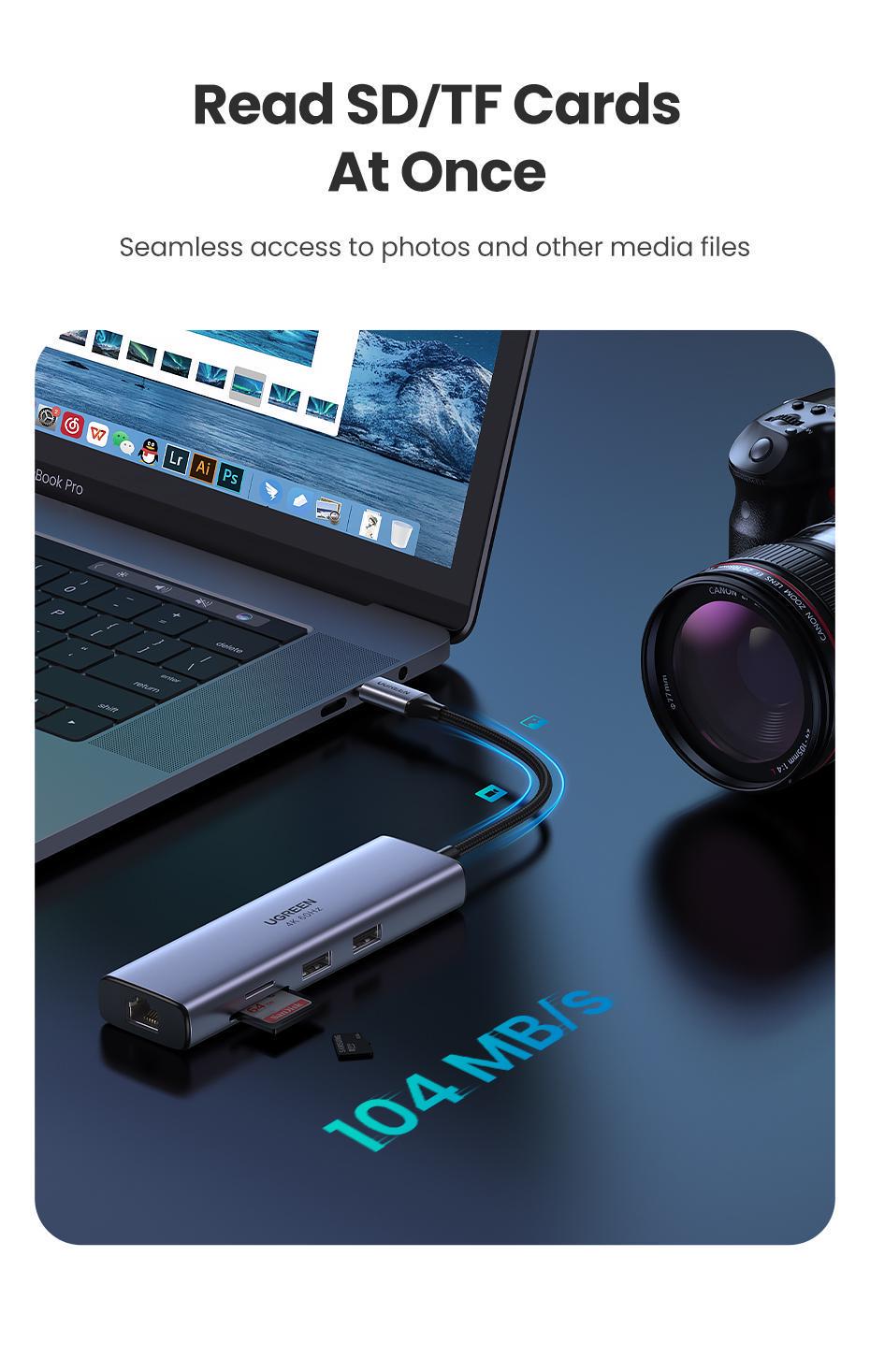 USB-хаб UGREEN Type-C-2x USB 3.0/5 Гбіт/с HDMI 4K 60Hz/SD/TF карти RJ45 1 Гбіт/с Type-C PD 100W USB-C Сірий (60515) - фото 10 USB-хаб UGREEN Type-C-2x USB 3.0/5 Гбіт/с HDMI 4K 60Hz/SD/TF карти RJ45 1 Гбіт/с Type-C PD 100W USB-C Сірий (60515) - фото 10