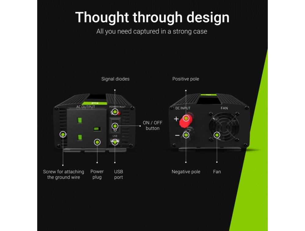 Перетворювач напруги Green Cell UK 24 В на 230 В 500/1000 Вт (20887) - фото 2